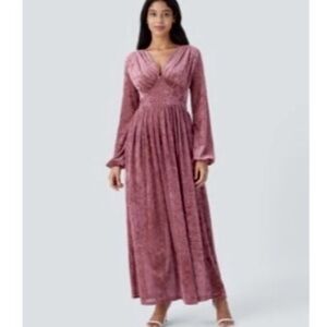 Sheer V Neck Long Sleeve Velvet Maxi
Dress with Pockets